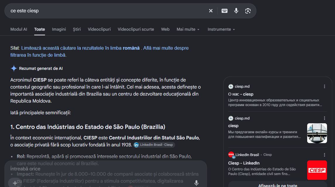 Запрос «ce este ciesp» — пример объяснения, что это за организация и чем она занимается.