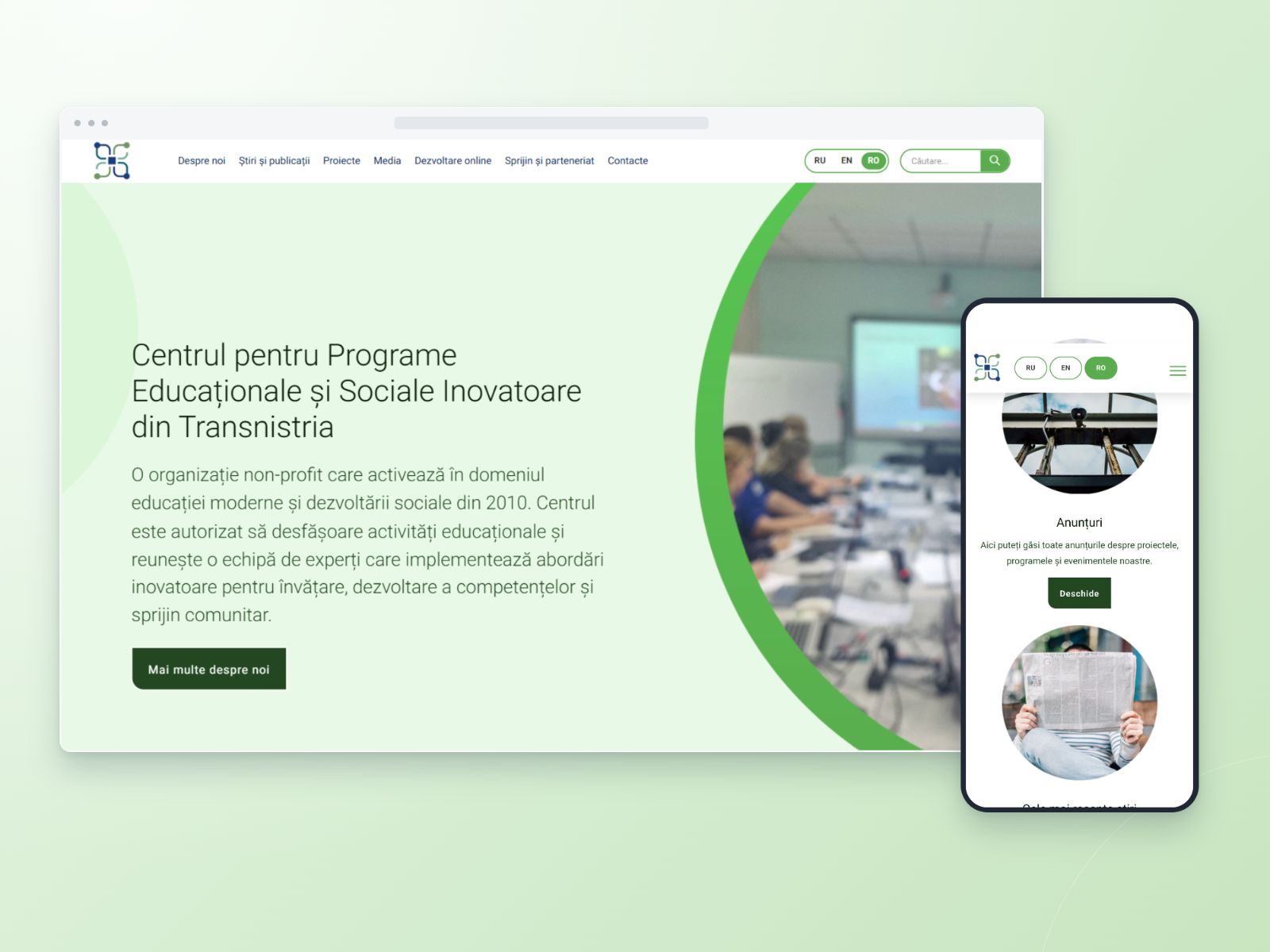 Site-ul de conținut CIESP prezentat pe calculator și telefon