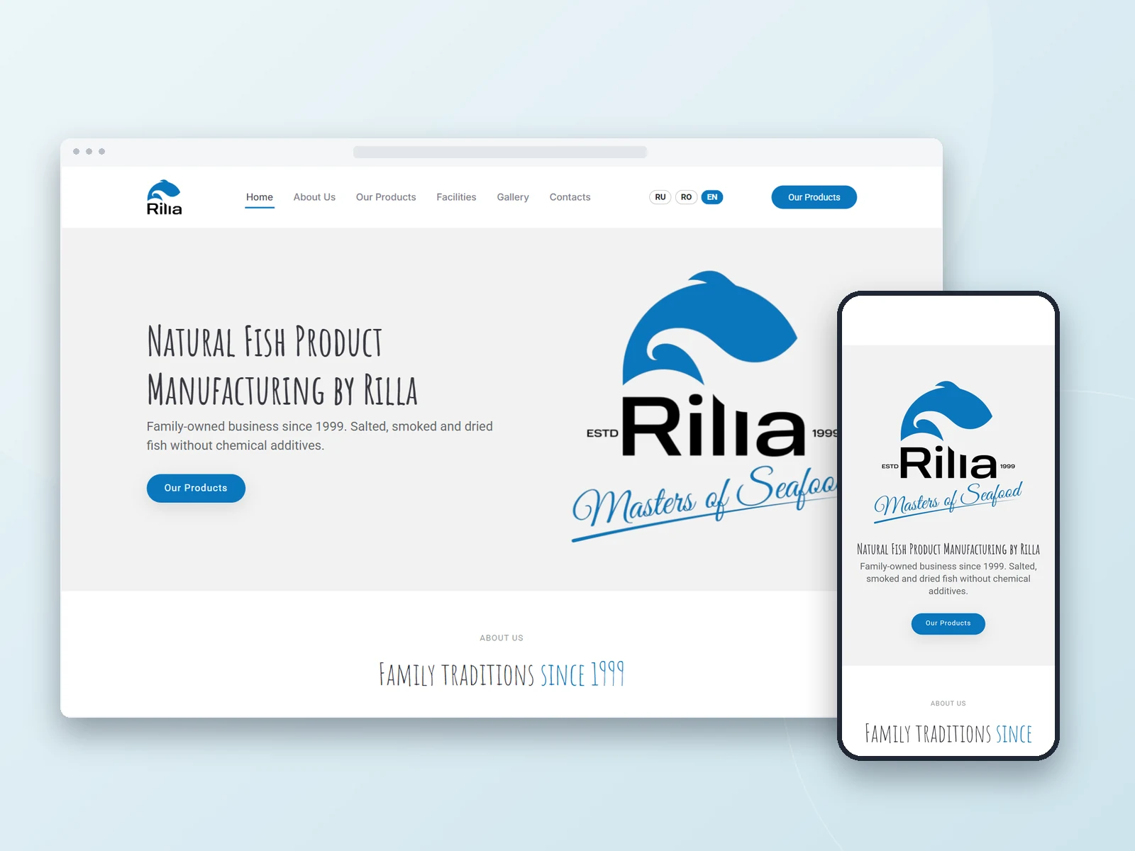 Трёхъязычный корпоративный сайт Rilla на компьютере и смартфоне