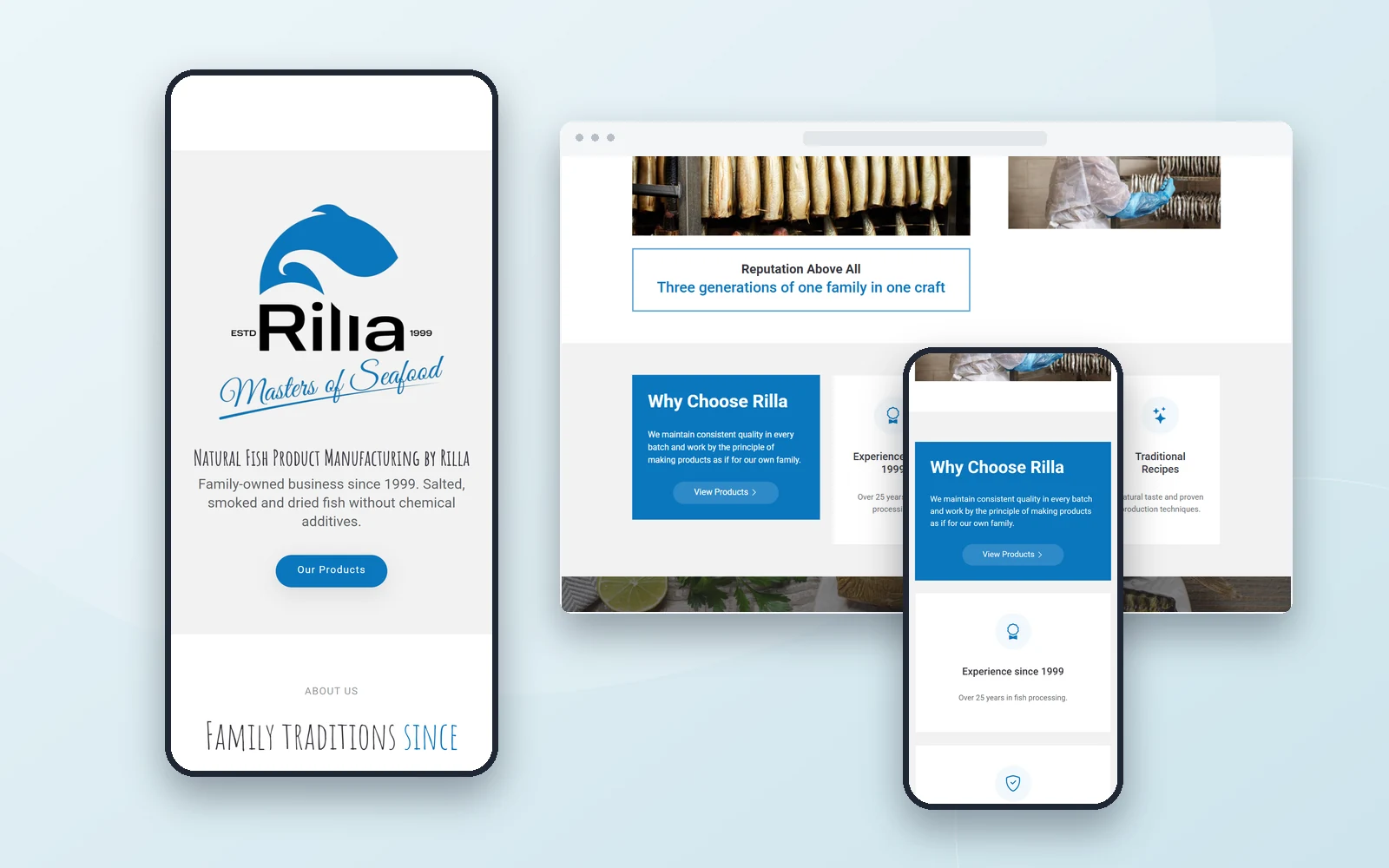 Трёхъязычный корпоративный сайт Rilla на компьютере и смартфоне · 2